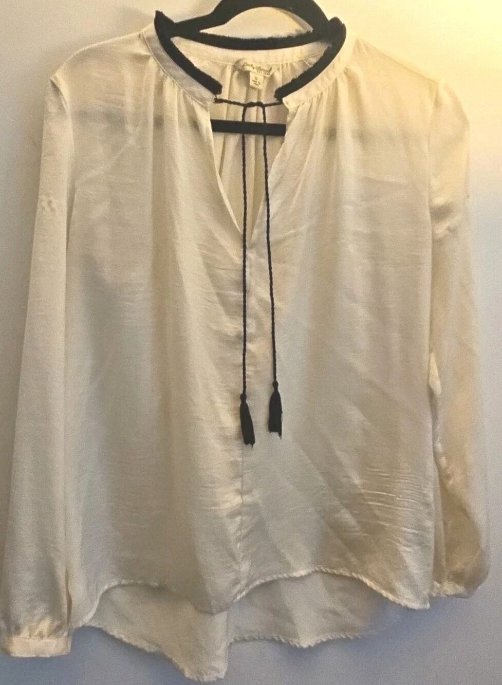 VTG Lucky Brand Blouse Women Sz Small Black Collared And Tassel Lightweight
